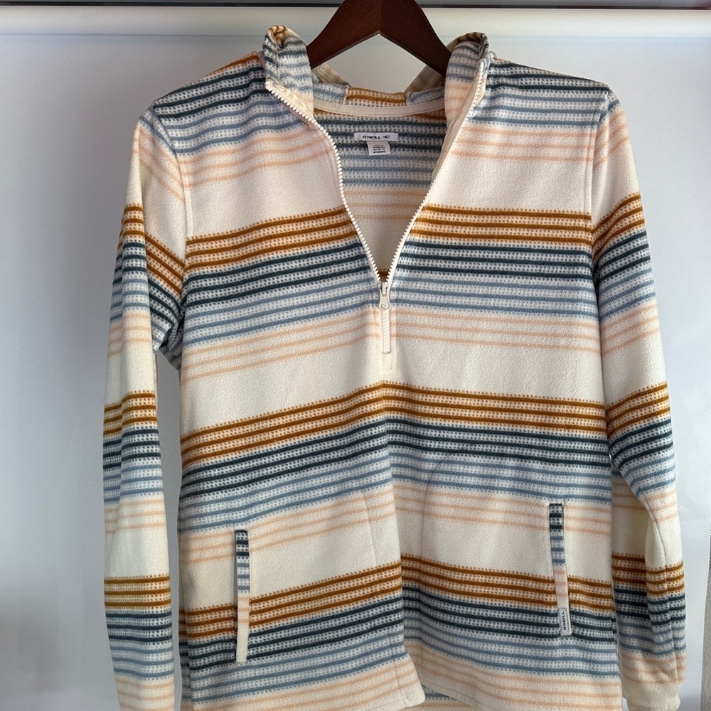O'Neill Cream and Blue Striped Zip Up Jacket - Picture 2 of 8